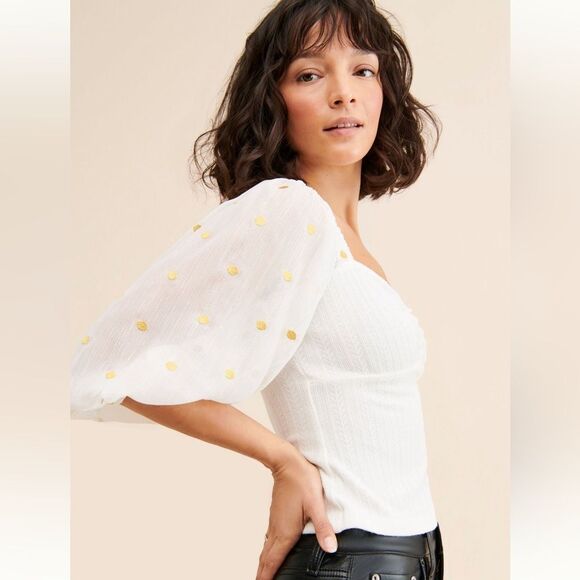 Anthropologie Hutch White and Gold Puff Sleeve Top size small s - Picture 4 of 6